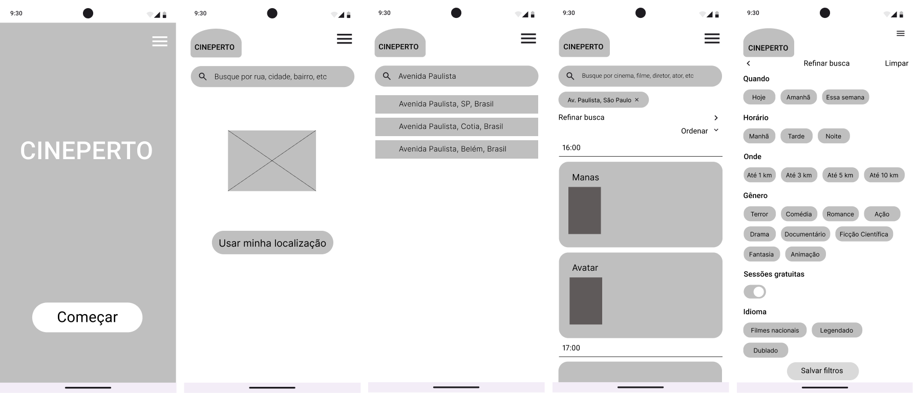 Cineperto Wireframe Screens